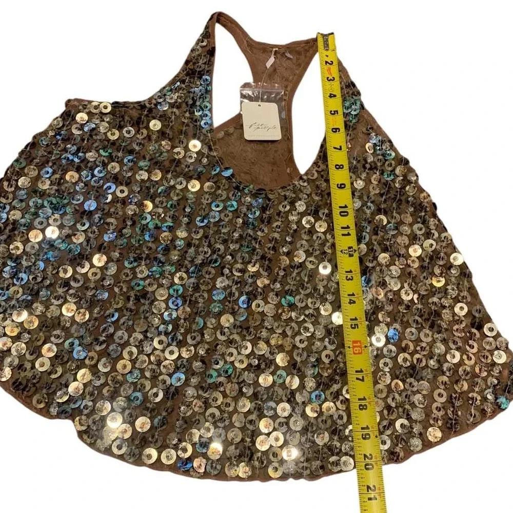 Free People All That Glitters Tank Women M Gold Sequin Mesh Racerback OB1760325